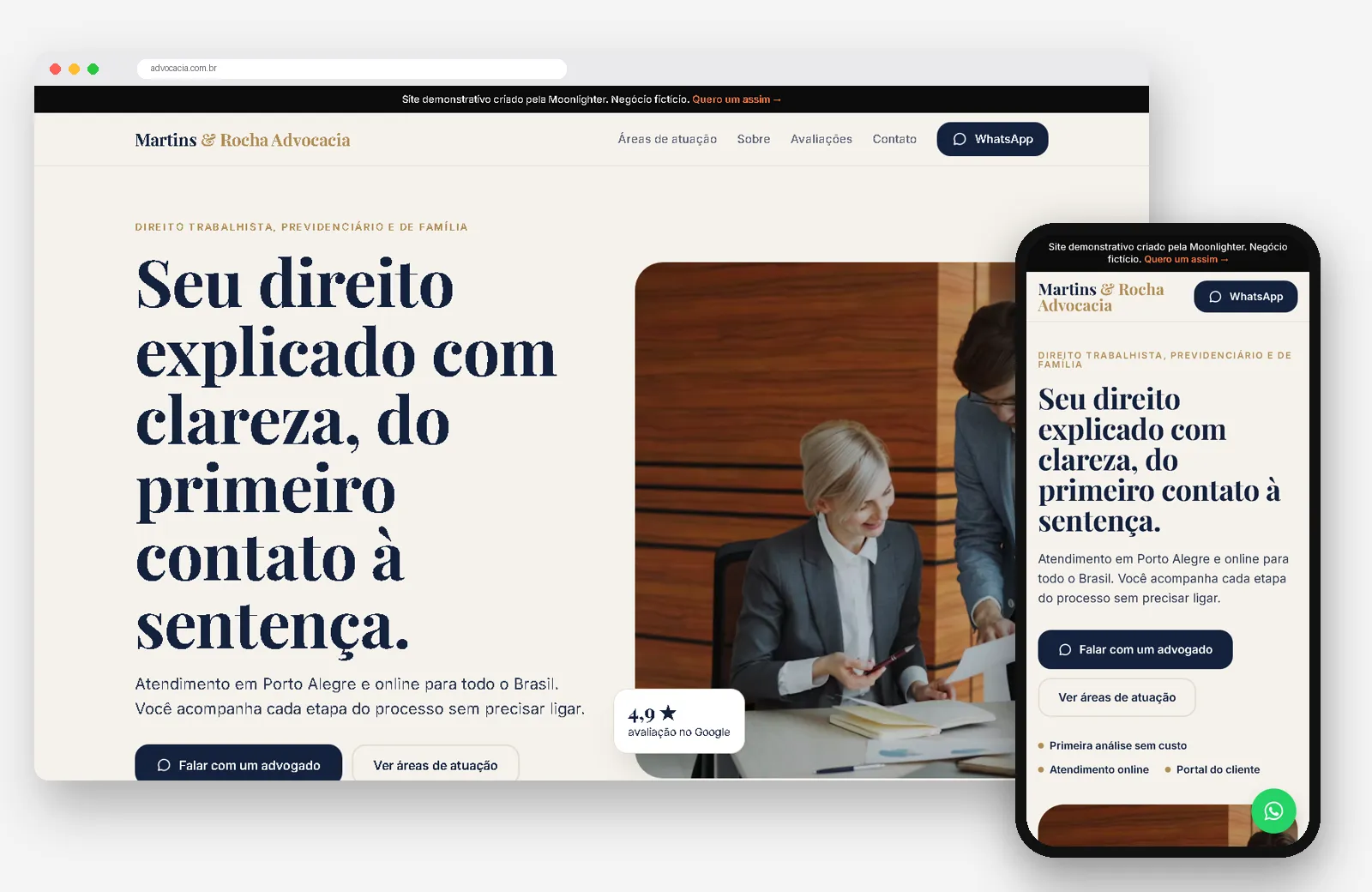 Site demonstrativo Martins & Rocha no computador e no celular