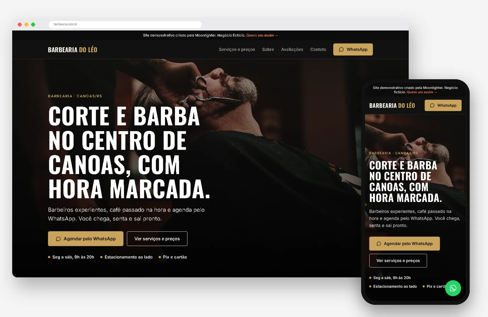 Site demonstrativo Barbearia do Léo no computador e no celular