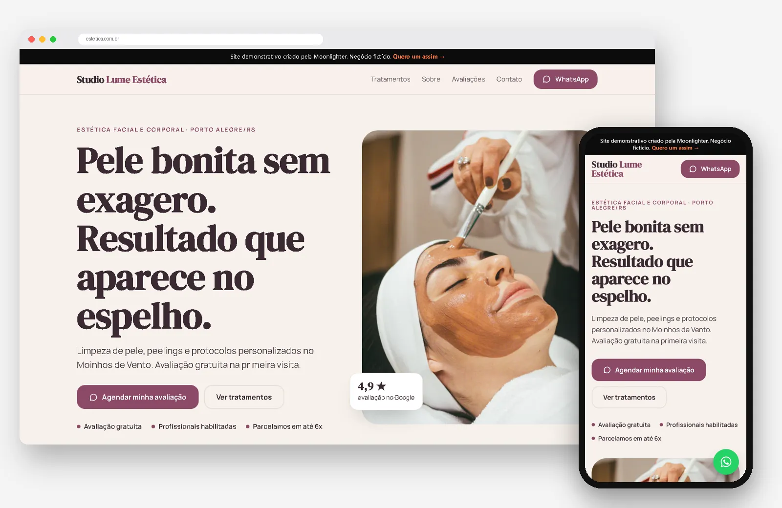 Site demonstrativo Studio Lume Estética no computador e no celular
