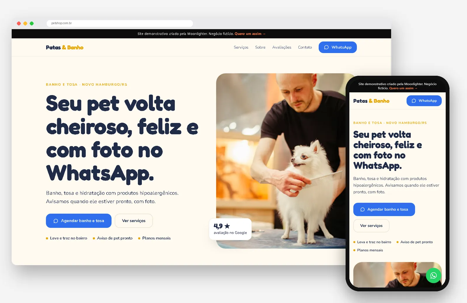 Site demonstrativo Patas & Banho no computador e no celular