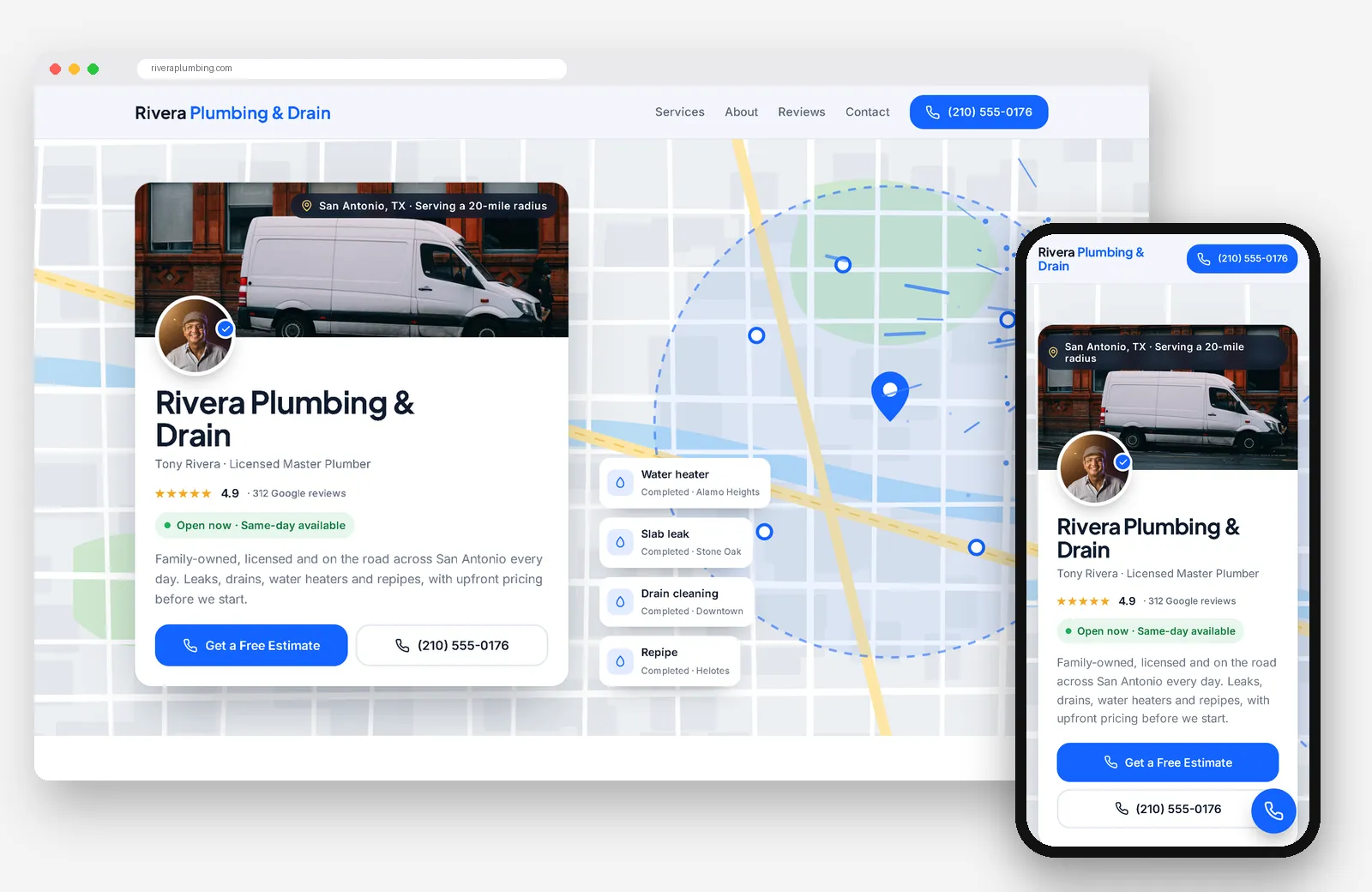 Site demonstrativo Rivera Plumbing & Drain no computador e no celular